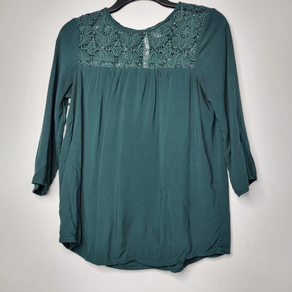 XS Old Navy Rayon Lace Green Gathered Button Blouse Top Tee Shirt Tank Soft CC